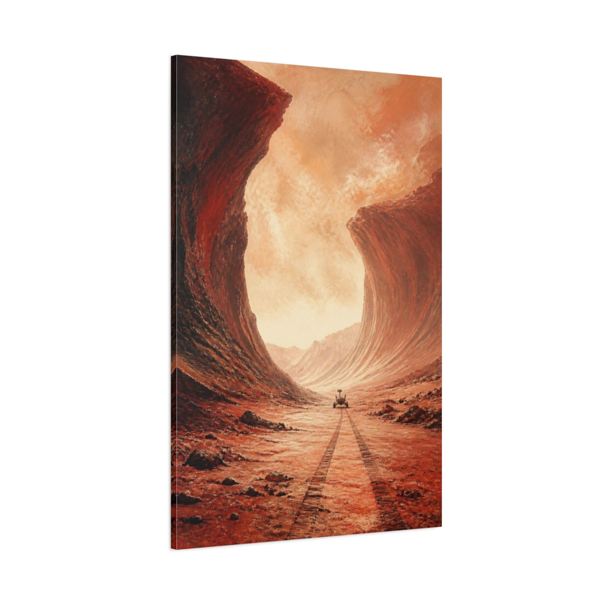 Side Mockup 1. Martian Canyon With Rover shown as canvas print