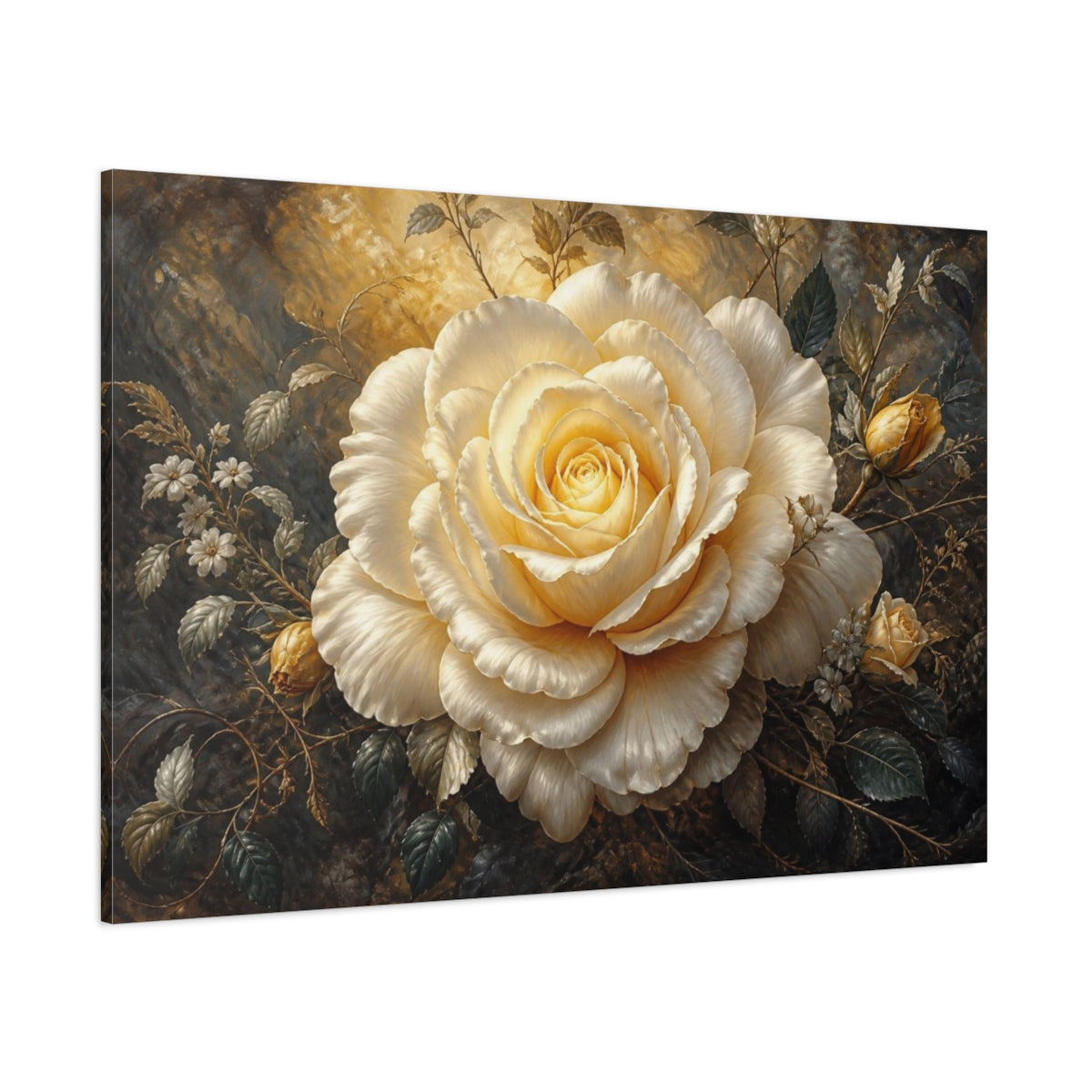 Side Mockup 1. Massive Ivory Rose shown as canvas print