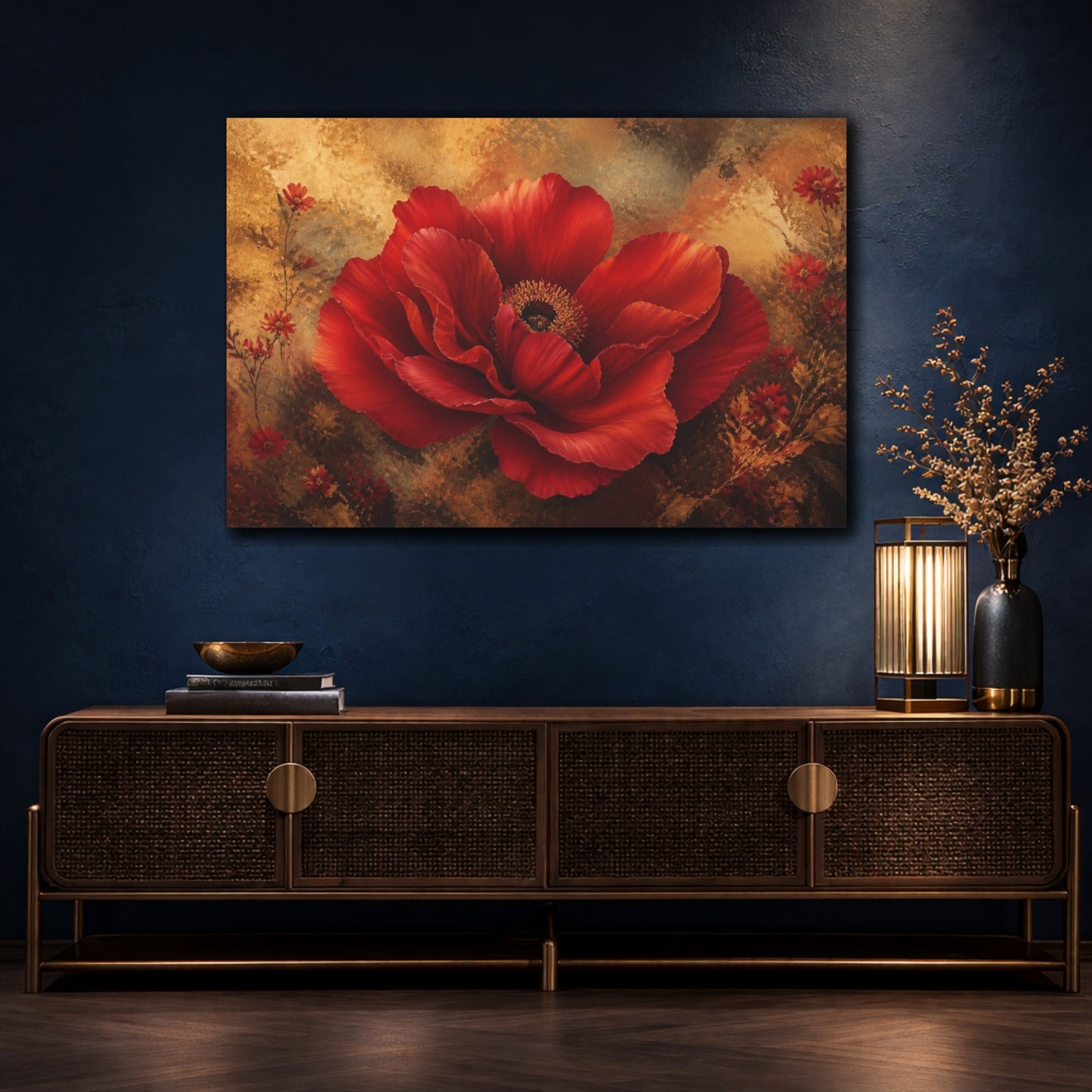 Mockup 4. Massive Scarlet Bloom shown as canvas print