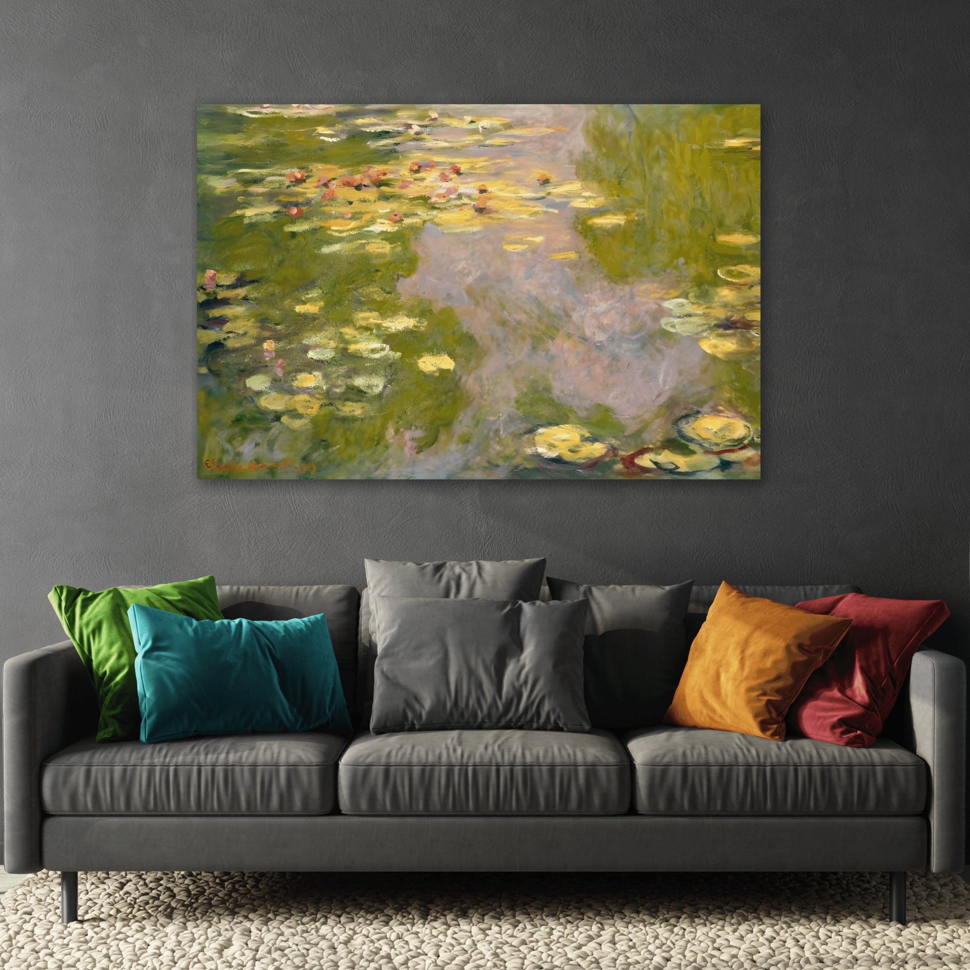 Masterpiece Wall Art Canvas Print - Framed Famous Artist Green Flowers Monet Water Lilies