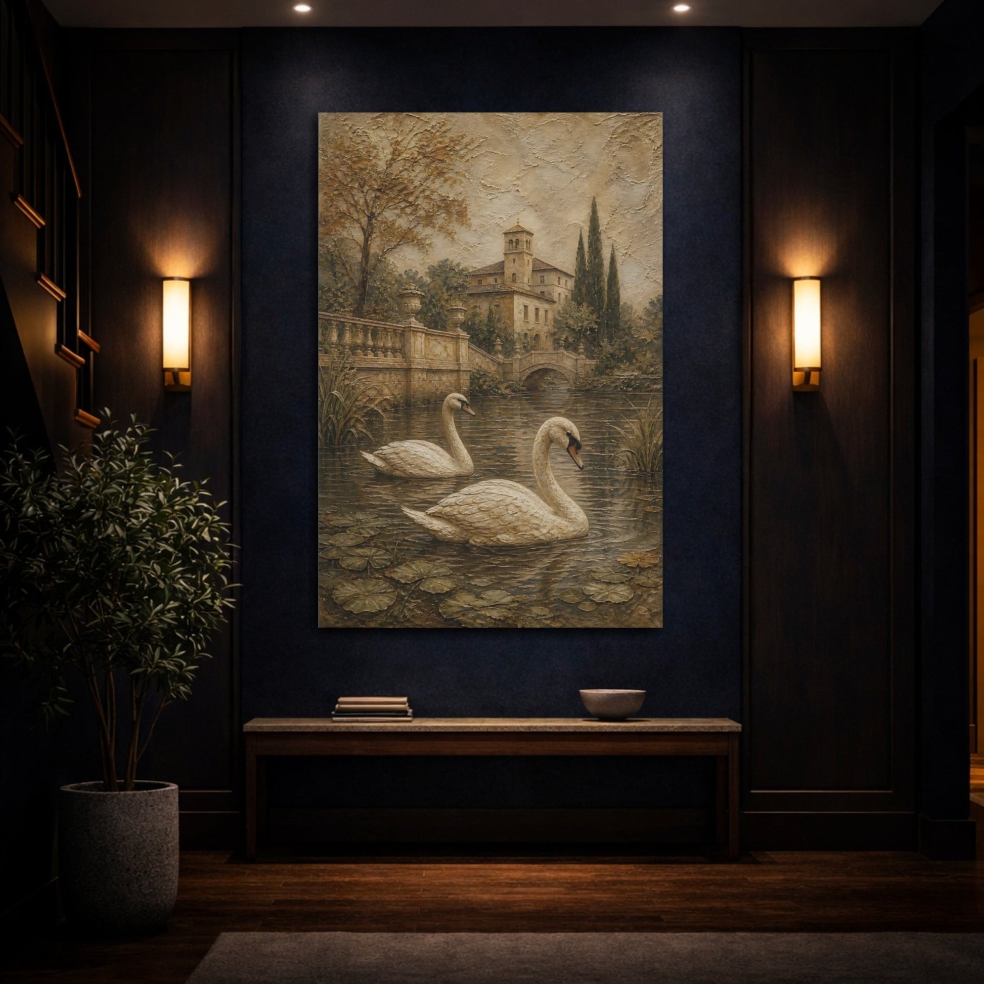 Matte Plaster Landscape Relief Texture Swans Canvas Print – Textured Decor for Living Room, Above Couch - YesArtYes