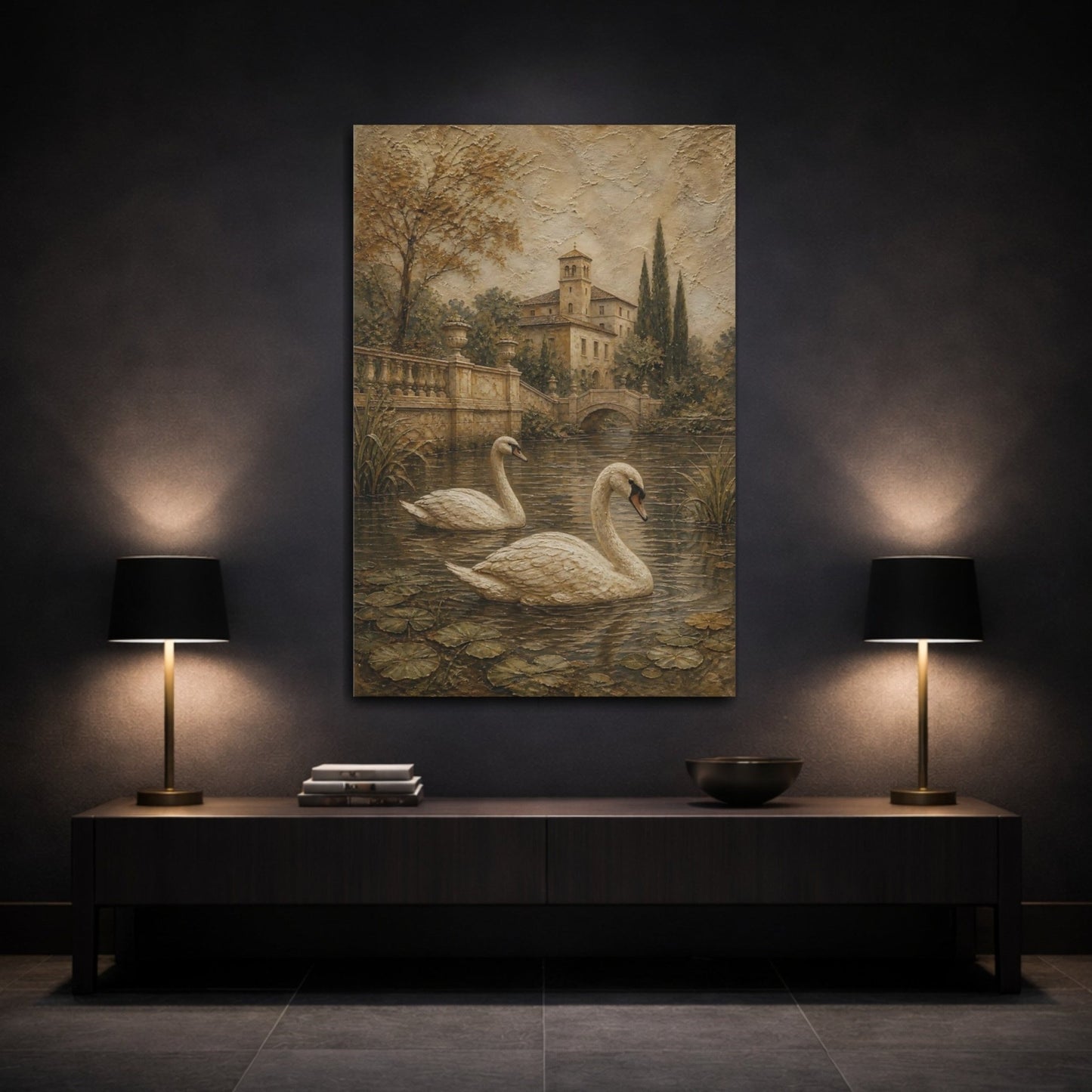 Matte Plaster Landscape Relief Texture Swans Canvas Print – Textured Decor for Living Room, Above Couch - YesArtYes