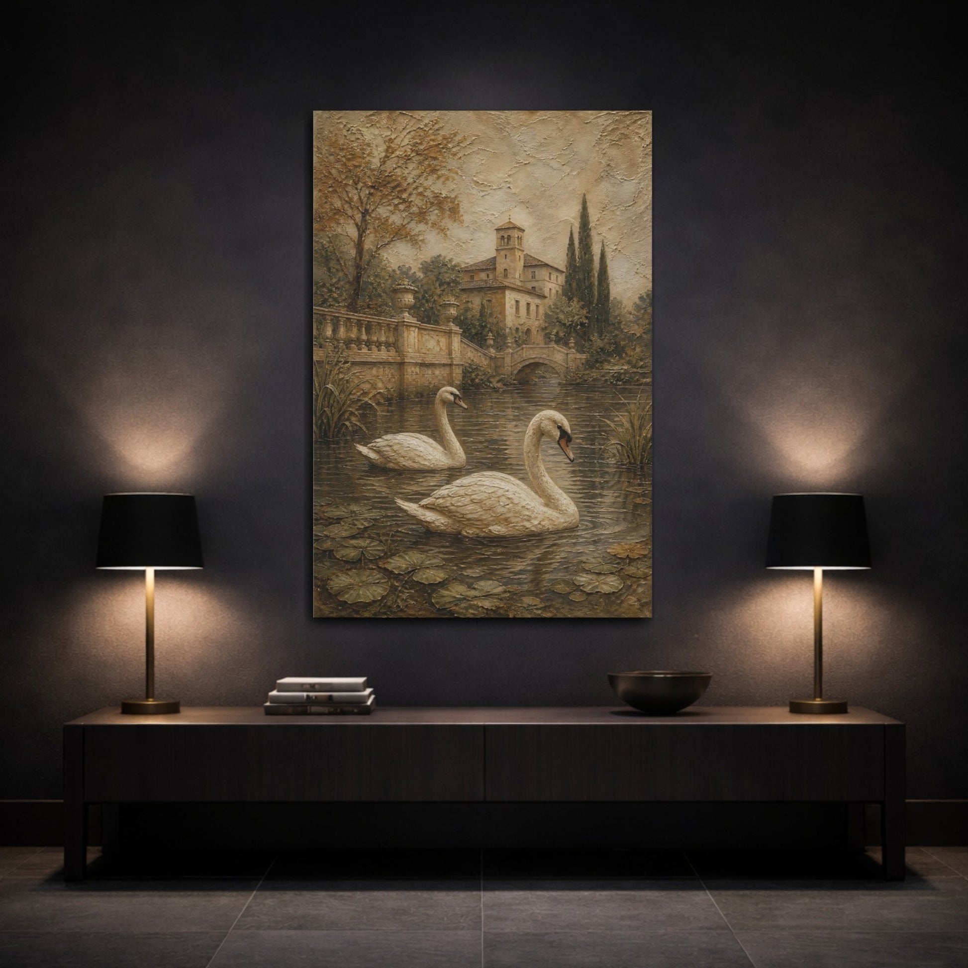 Matte Plaster Landscape Relief Texture Swans Canvas Print – Textured Decor for Living Room, Above Couch - YesArtYes