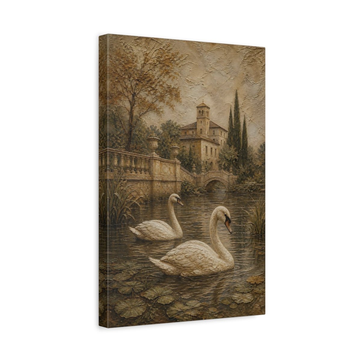 Matte Plaster Landscape Relief Texture Swans Canvas Print – Textured Decor for Living Room, Above Couch - YesArtYes