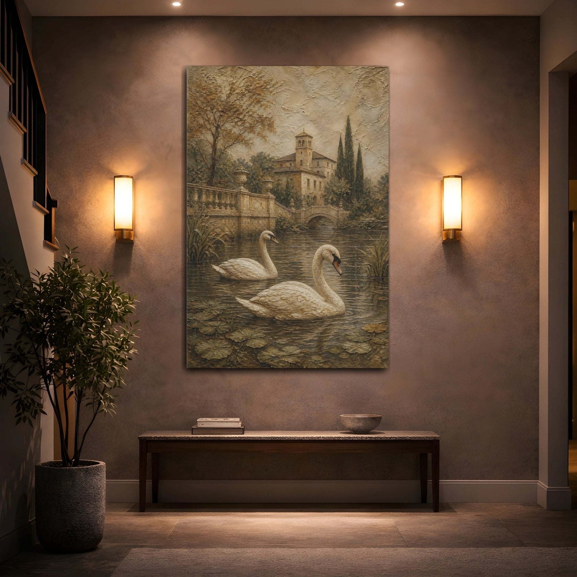 Matte Plaster Landscape Relief Texture Swans Canvas Print – Textured Decor for Living Room, Above Couch - YesArtYes