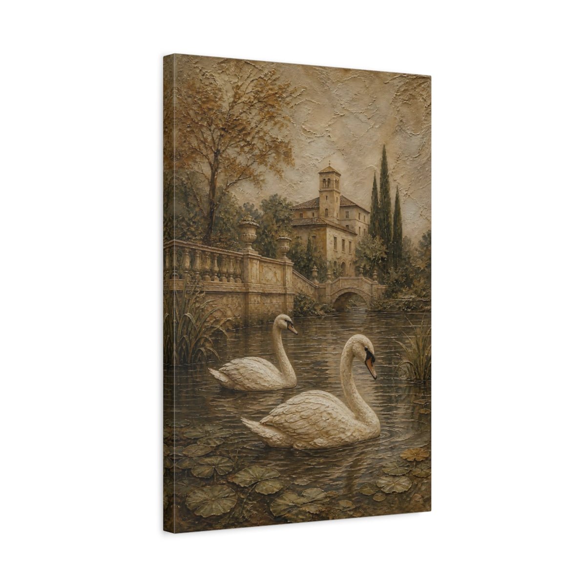 Matte Plaster Landscape Relief Texture Swans Canvas Print – Textured Decor for Living Room, Above Couch - YesArtYes
