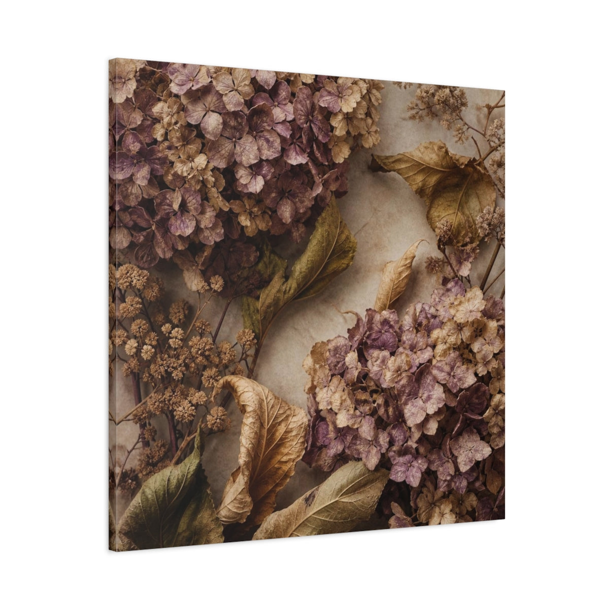 Main Mockup. Mauve Dried Hydrangea Study shown as canvas print