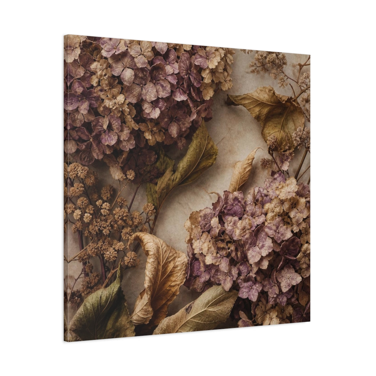 Side Mockup 1. Mauve Dried Hydrangea Study shown as canvas print