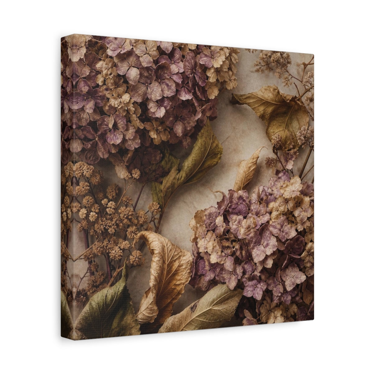 Side Mockup 8. Mauve Dried Hydrangea Study shown as canvas print