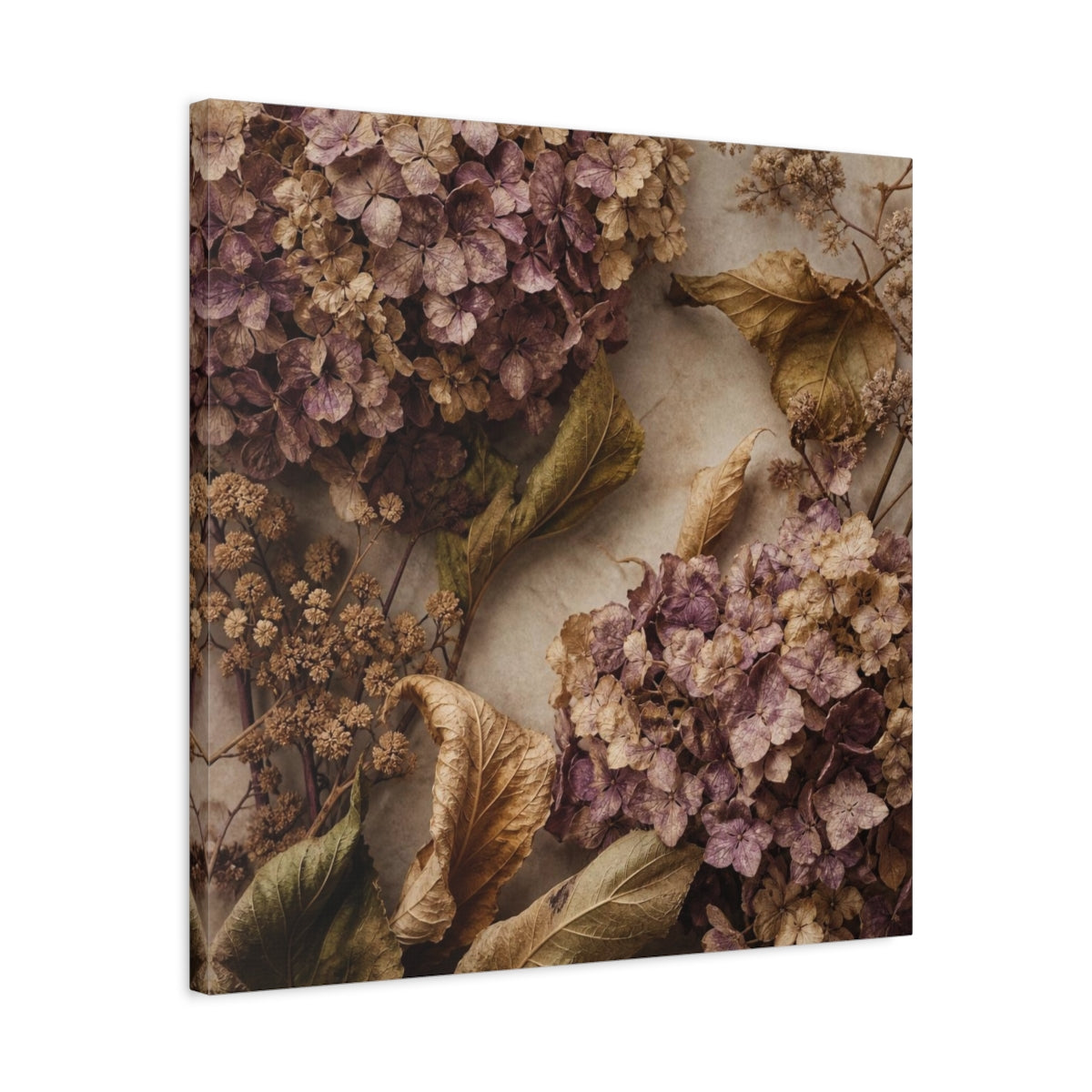 Side Mockup 4. Mauve Dried Hydrangea Study shown as canvas print