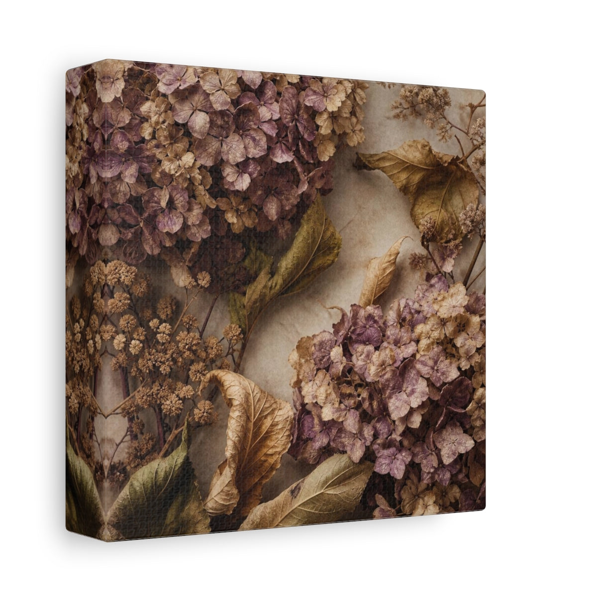 Side Mockup 2. Mauve Dried Hydrangea Study shown as canvas print