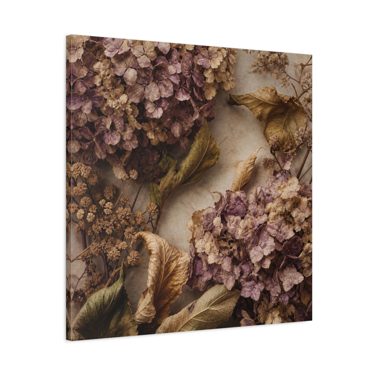 Side Mockup 3. Mauve Dried Hydrangea Study shown as canvas print