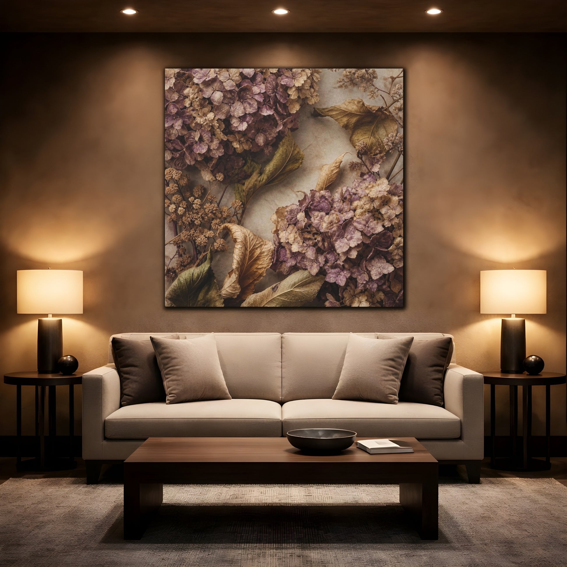 Mockup 2. Mauve Dried Hydrangea Study shown as canvas print