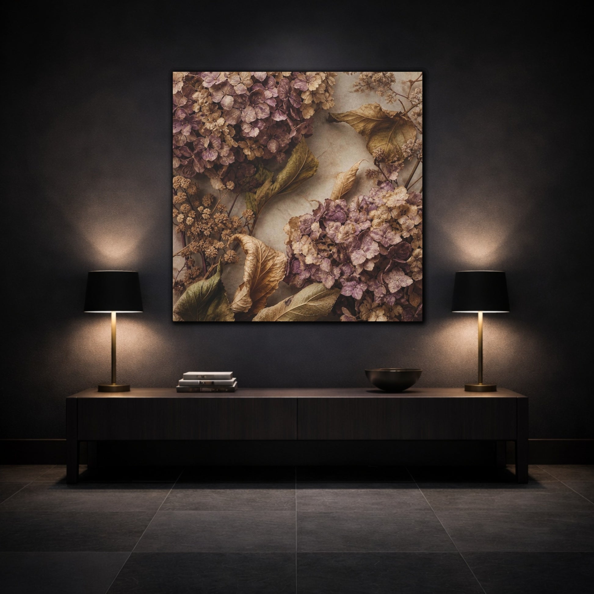 Mockup 3. Mauve Dried Hydrangea Study shown as canvas print