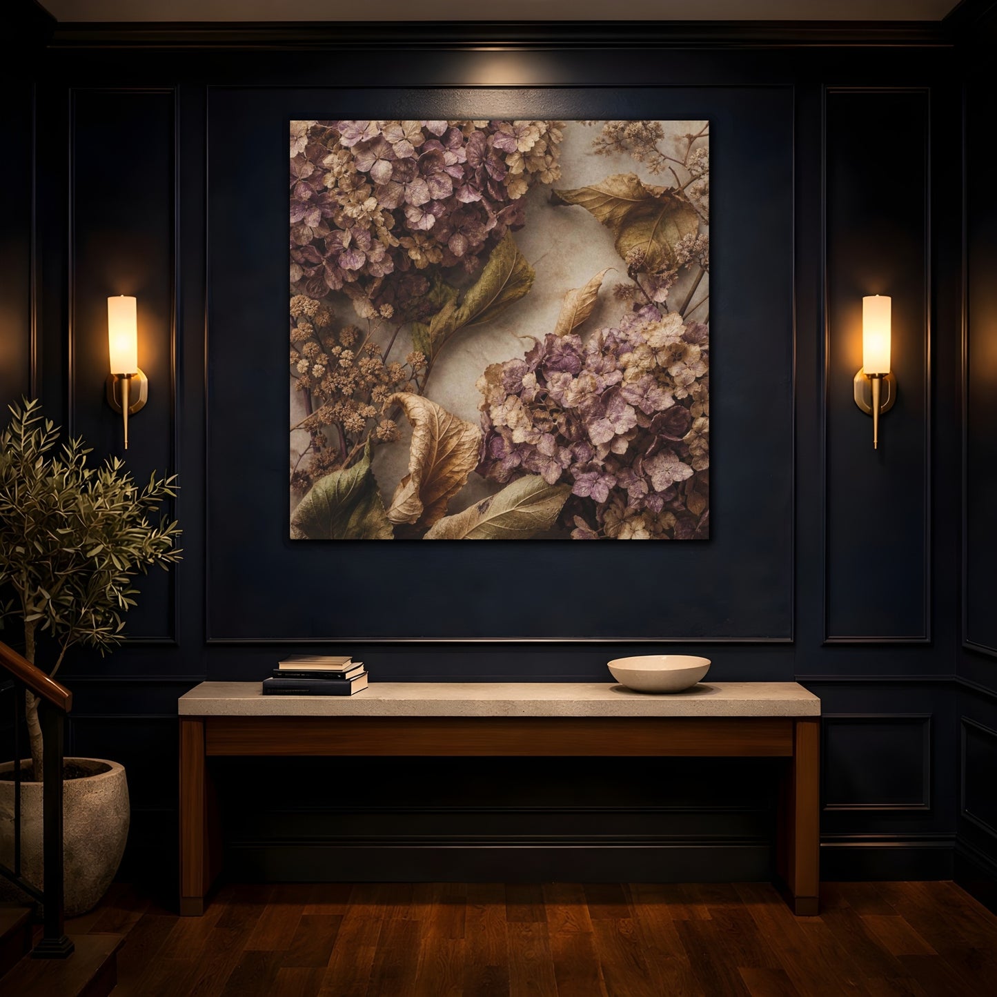 Mockup 4. Mauve Dried Hydrangea Study shown as canvas print