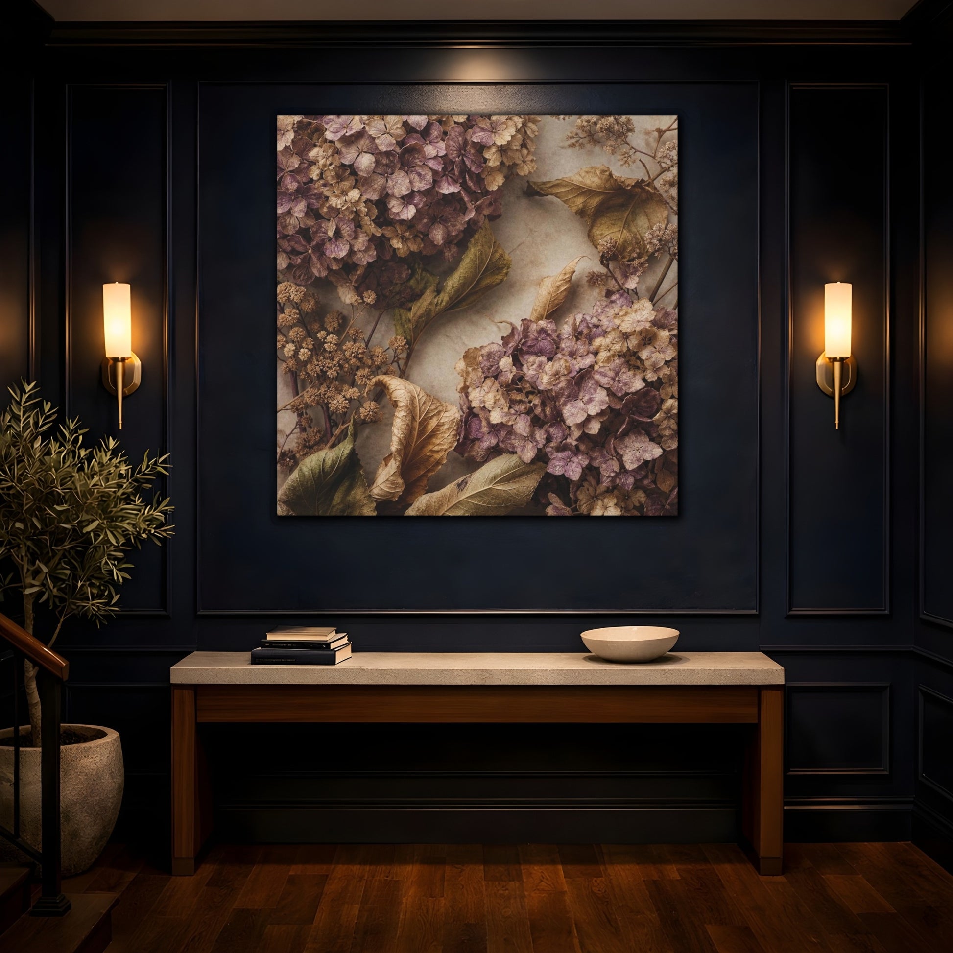 Mockup 4. Mauve Dried Hydrangea Study shown as canvas print