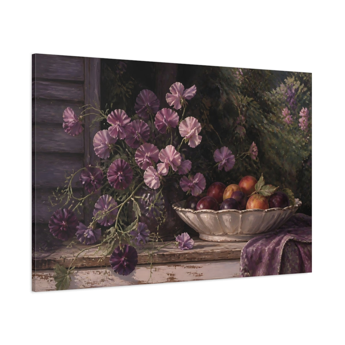 Side Mockup 1. Mauve Sweet Peas & Plums shown as canvas print
