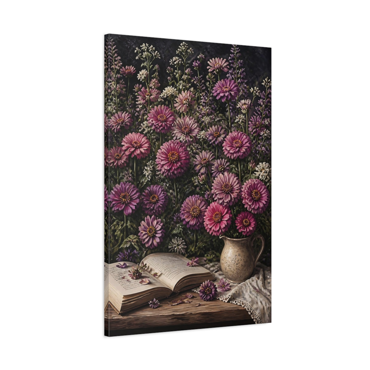 Main Mockup. Mauve Zinnia Flowers shown as canvas print