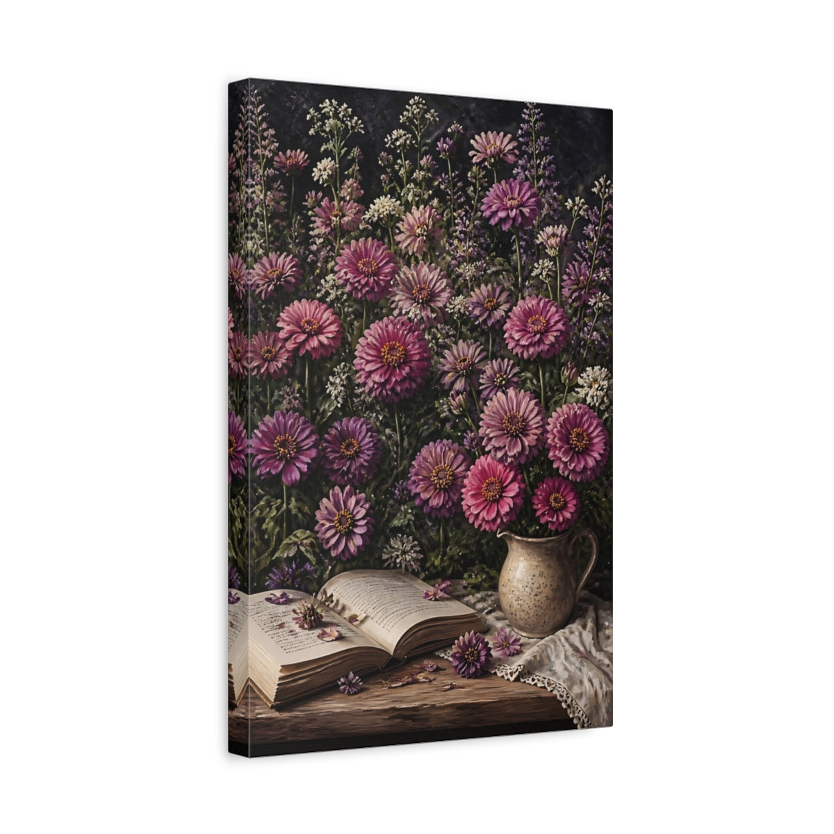Side Mockup 4. Mauve Zinnia Flowers shown as canvas print