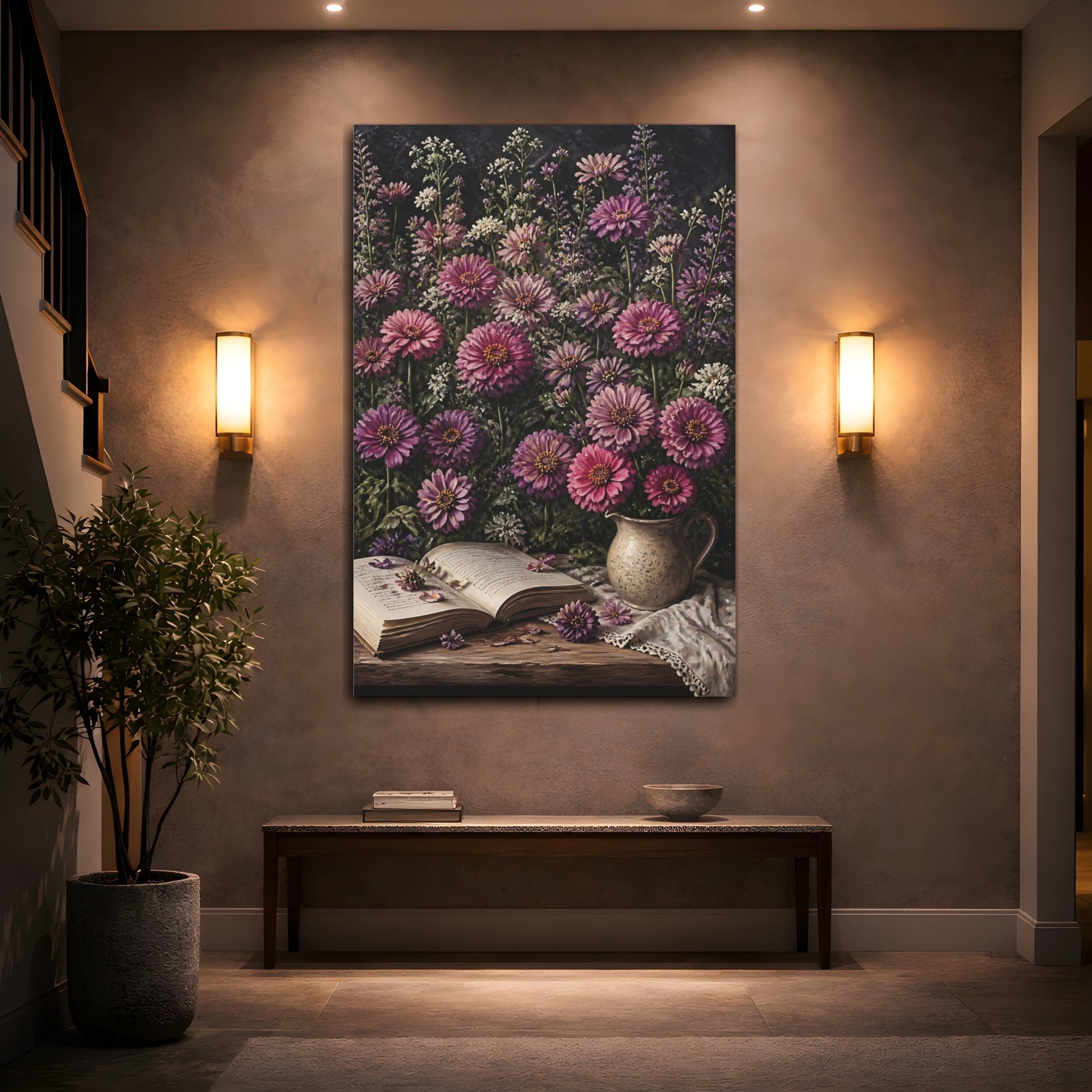 Mockup 2. Mauve Zinnia Flowers shown as canvas print