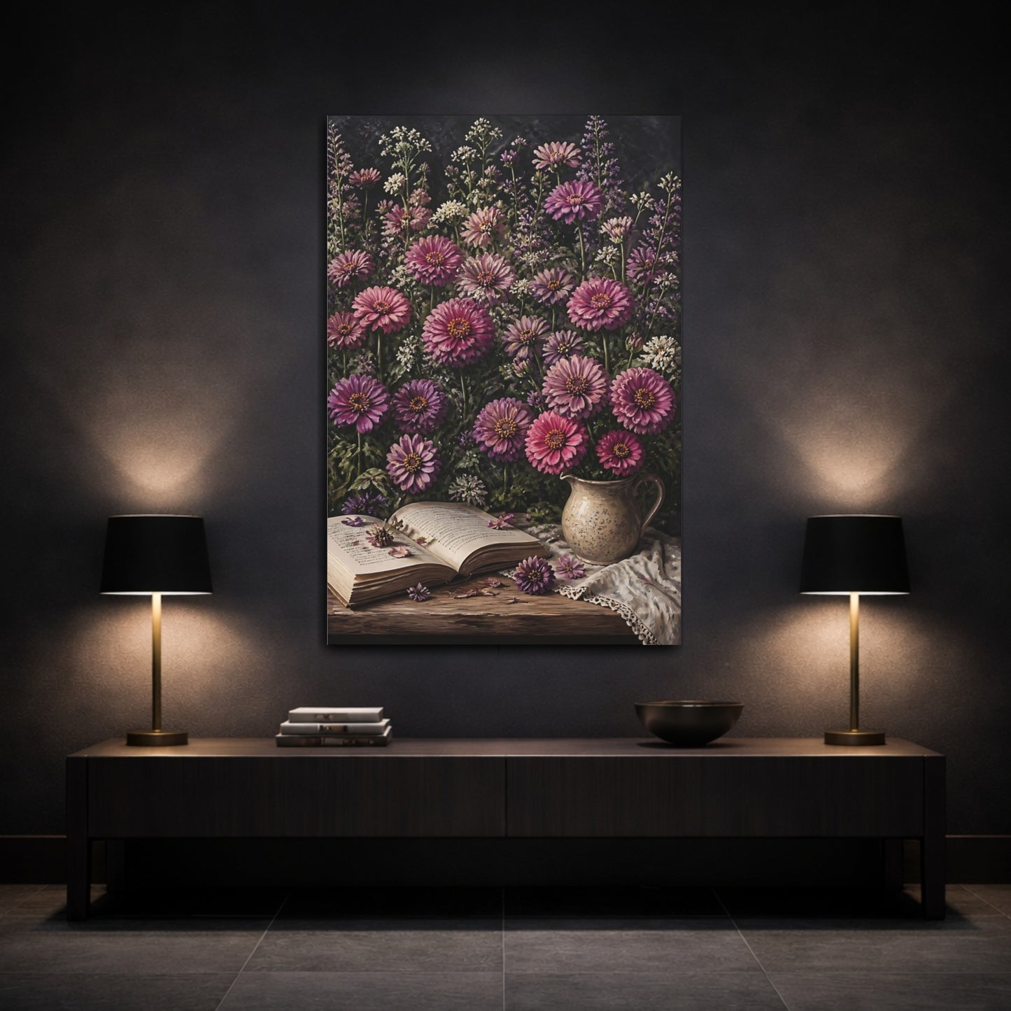 Mockup 3. Mauve Zinnia Flowers shown as canvas print