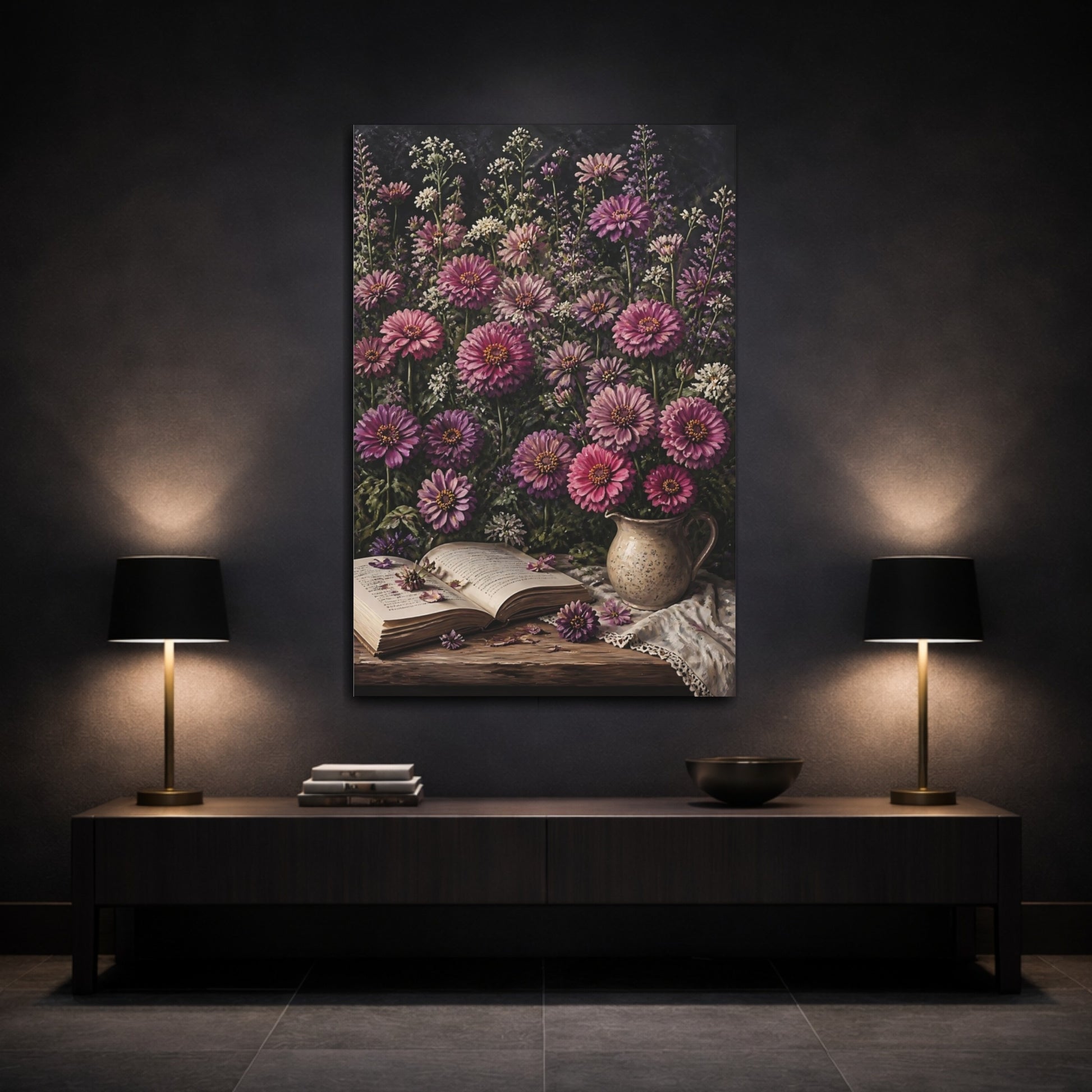 Mockup 3. Mauve Zinnia Flowers shown as canvas print