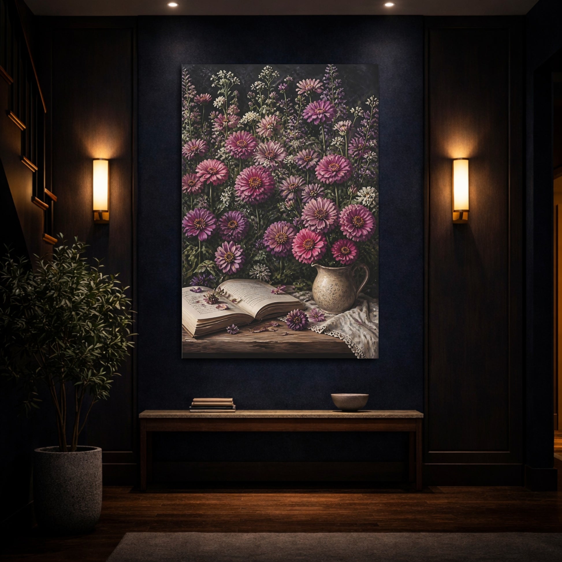 Mockup 4. Mauve Zinnia Flowers shown as canvas print