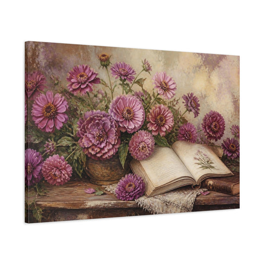 Main Mockup. Mauve Zinnias And Antique Book shown as canvas print