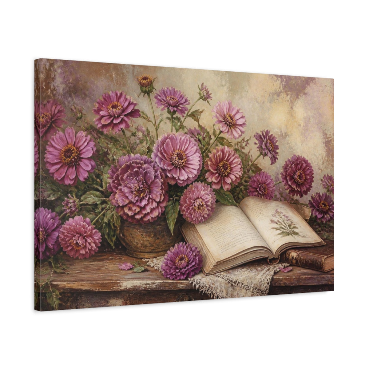 Side Mockup 2. Mauve Zinnias And Antique Book shown as canvas print