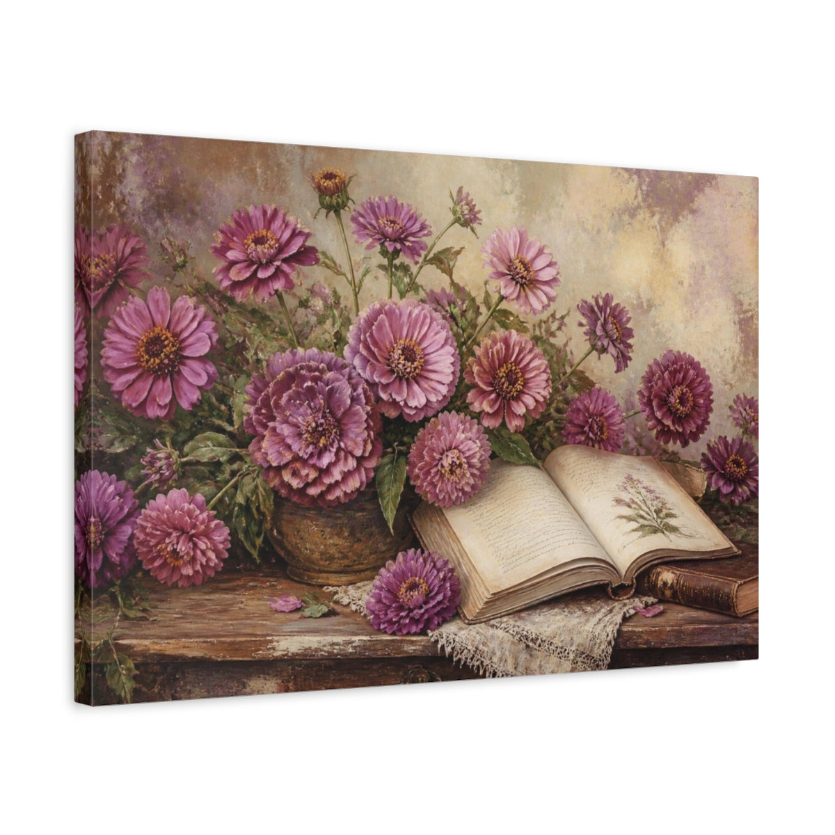Side Mockup 3. Mauve Zinnias And Antique Book shown as canvas print