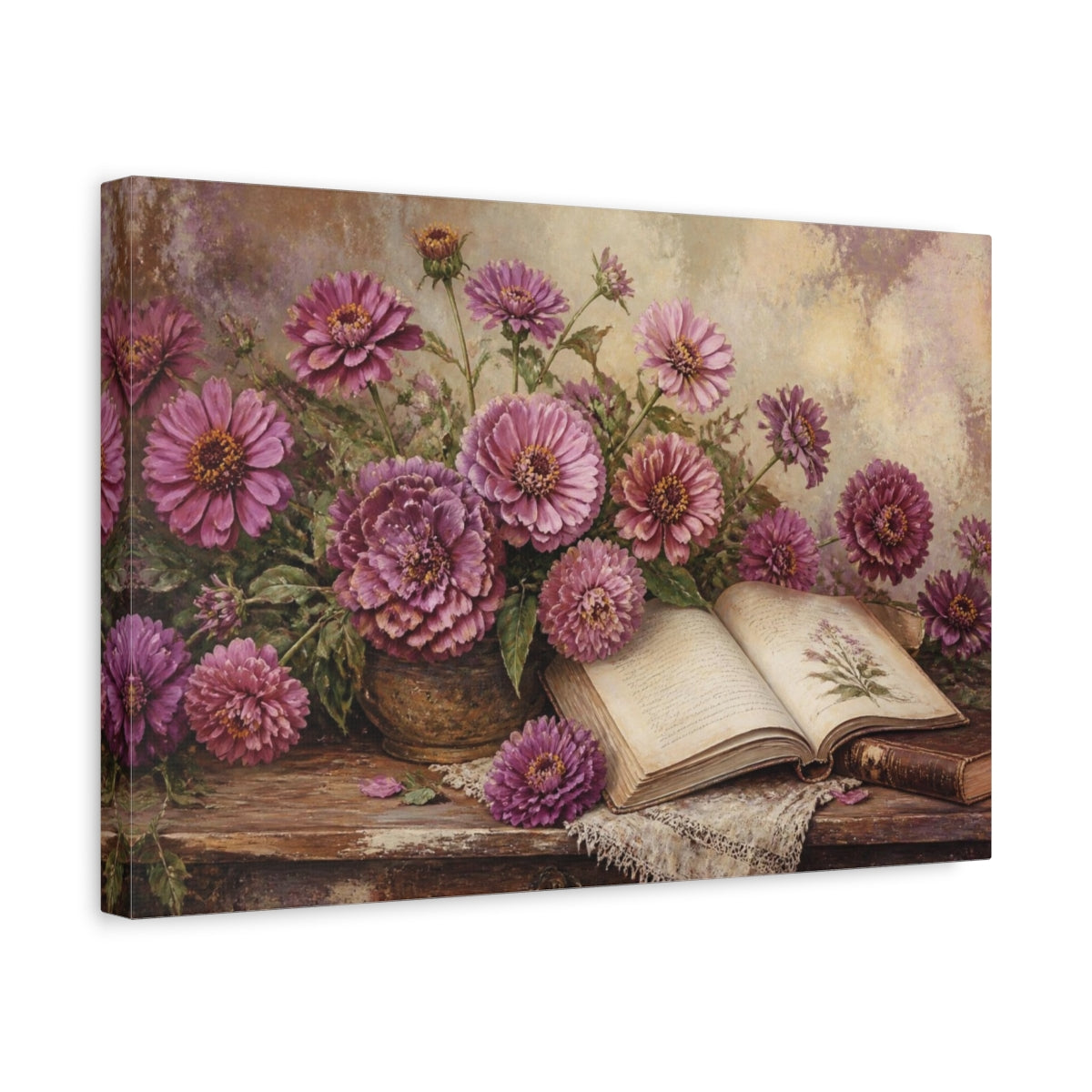 Side Mockup 4. Mauve Zinnias And Antique Book shown as canvas print