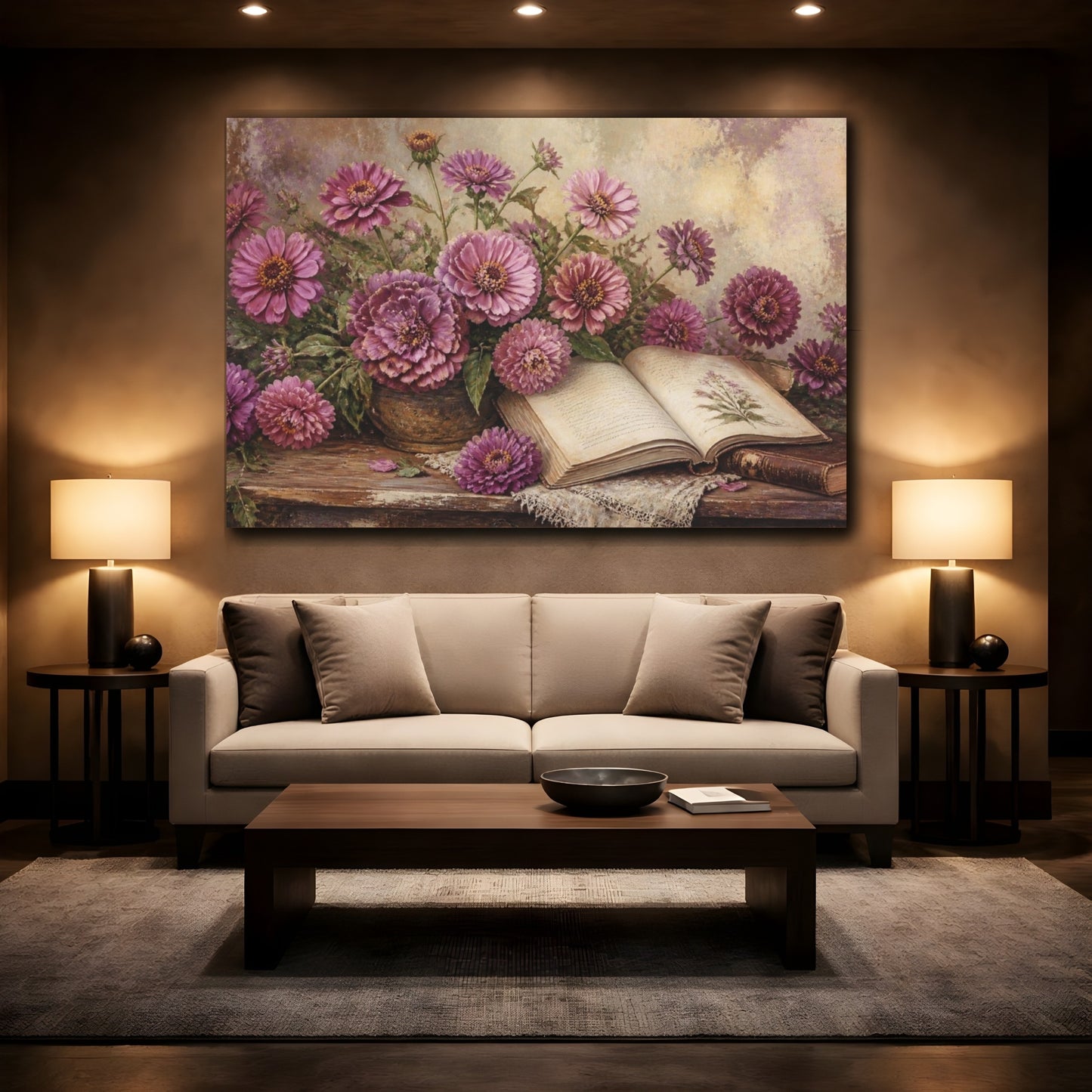 Mockup 2. Mauve Zinnias And Antique Book shown as canvas print