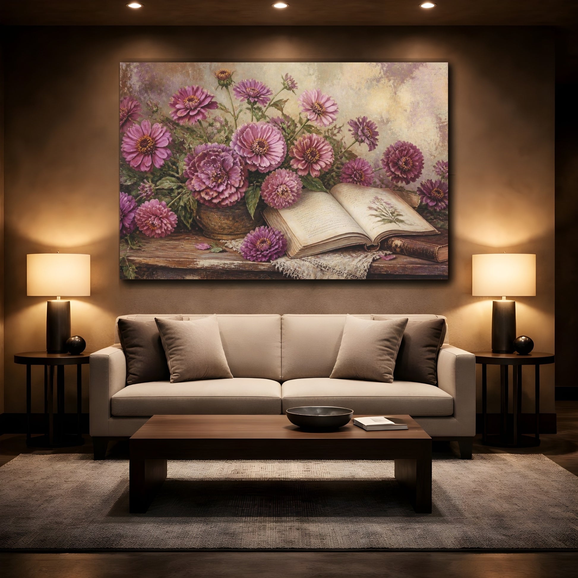 Mockup 2. Mauve Zinnias And Antique Book shown as canvas print