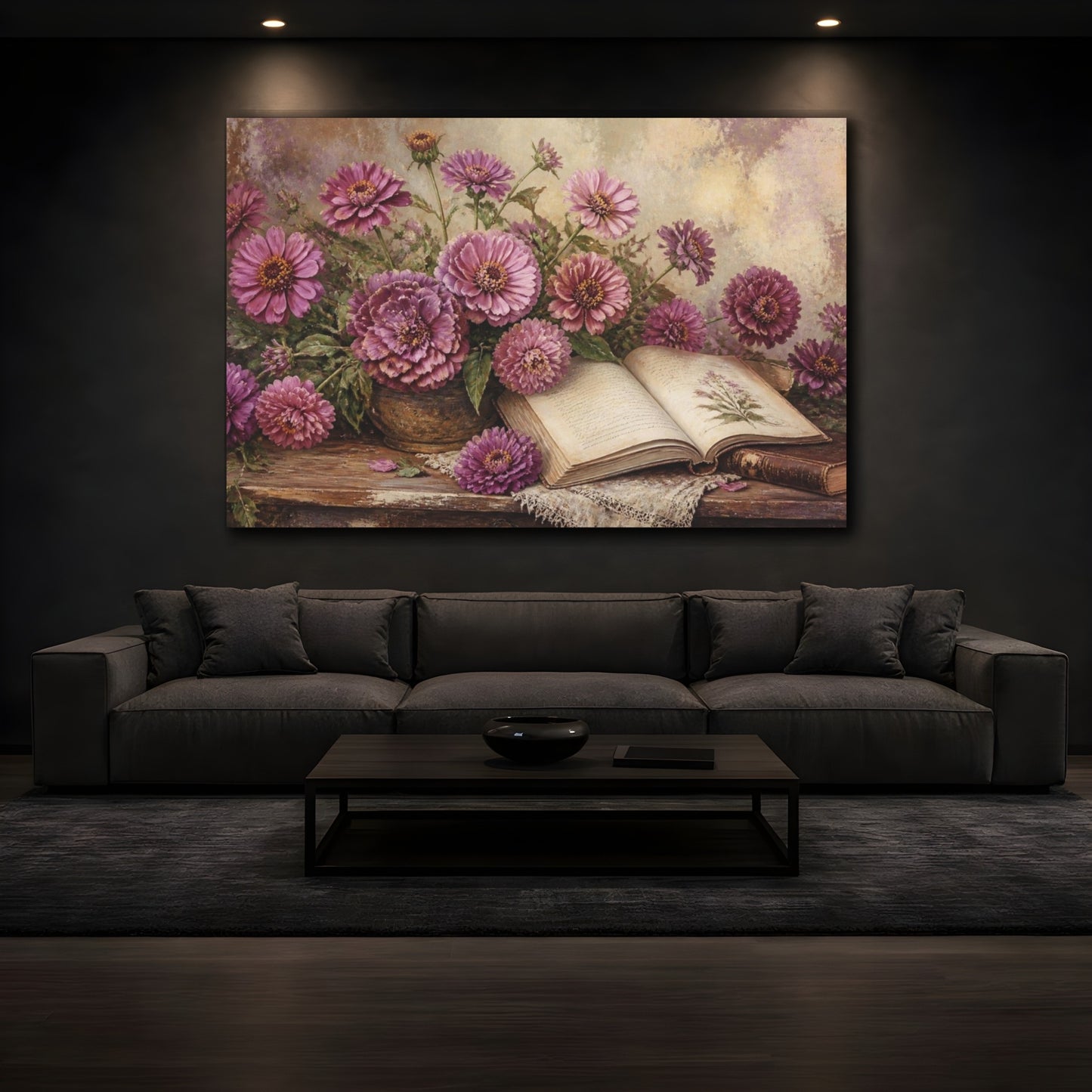 Mockup 3. Mauve Zinnias And Antique Book shown as canvas print