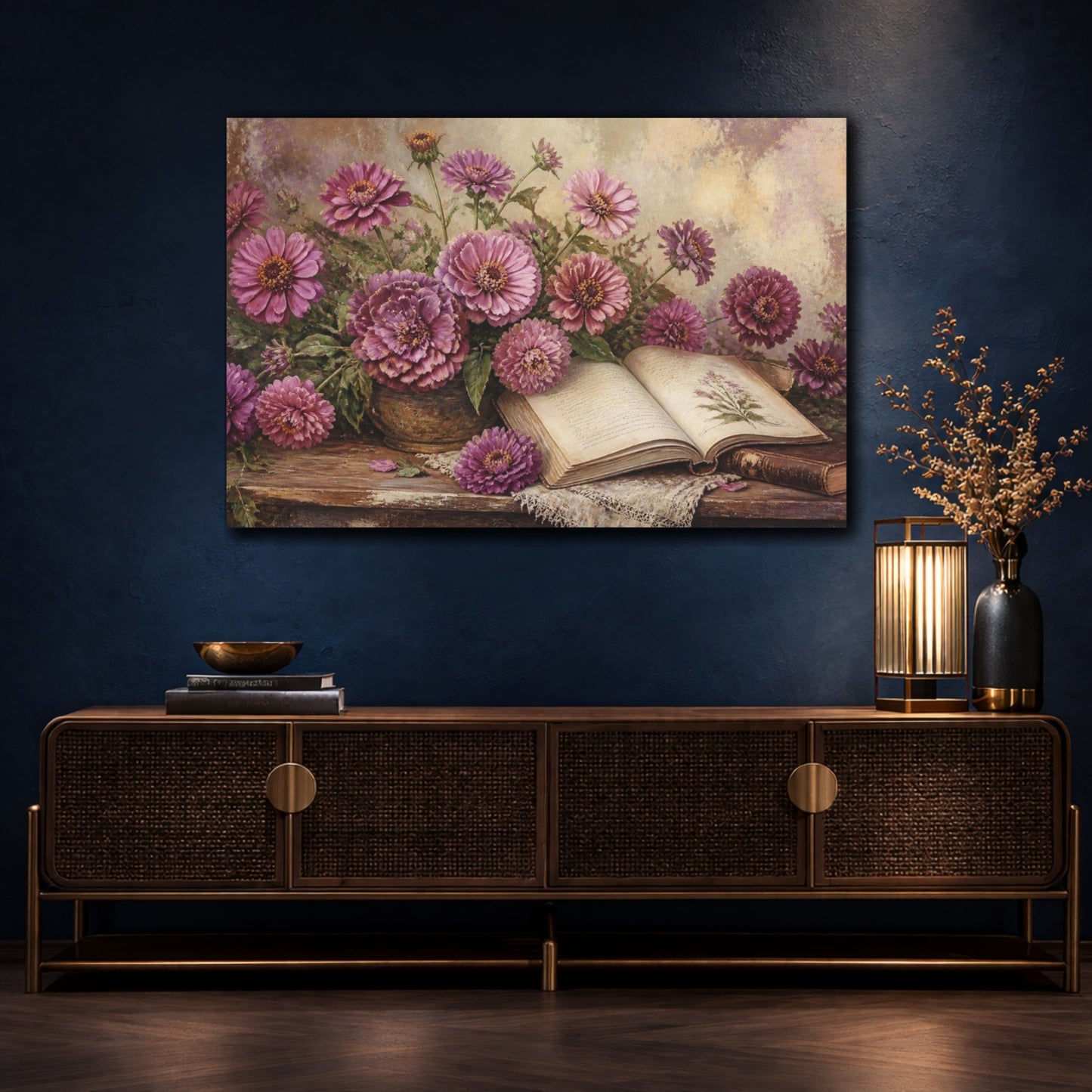 Mockup 4. Mauve Zinnias And Antique Book shown as canvas print