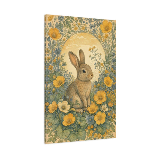 Meadow Rabbit Among Buttercups Canvas Print – Kids Room, Above Toy Storage, Honey Gold, Sage, Dusty Blue - YesArtYes