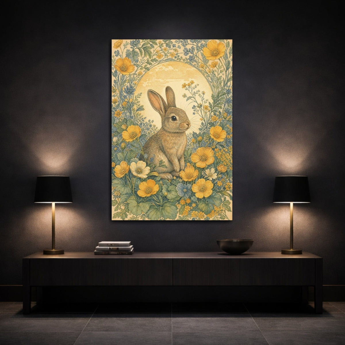 Meadow Rabbit Among Buttercups Canvas Print – Kids Room, Above Toy Storage, Honey Gold, Sage, Dusty Blue - YesArtYes