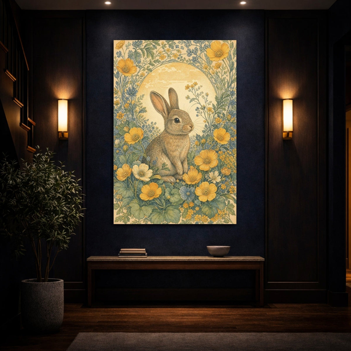 Meadow Rabbit Among Buttercups Canvas Print – Kids Room, Above Toy Storage, Honey Gold, Sage, Dusty Blue - YesArtYes