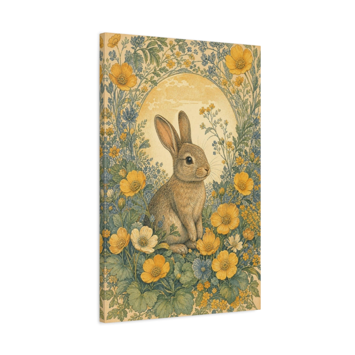 Side Mockup 2. Meadow Rabbit Among Buttercups shown as canvas print