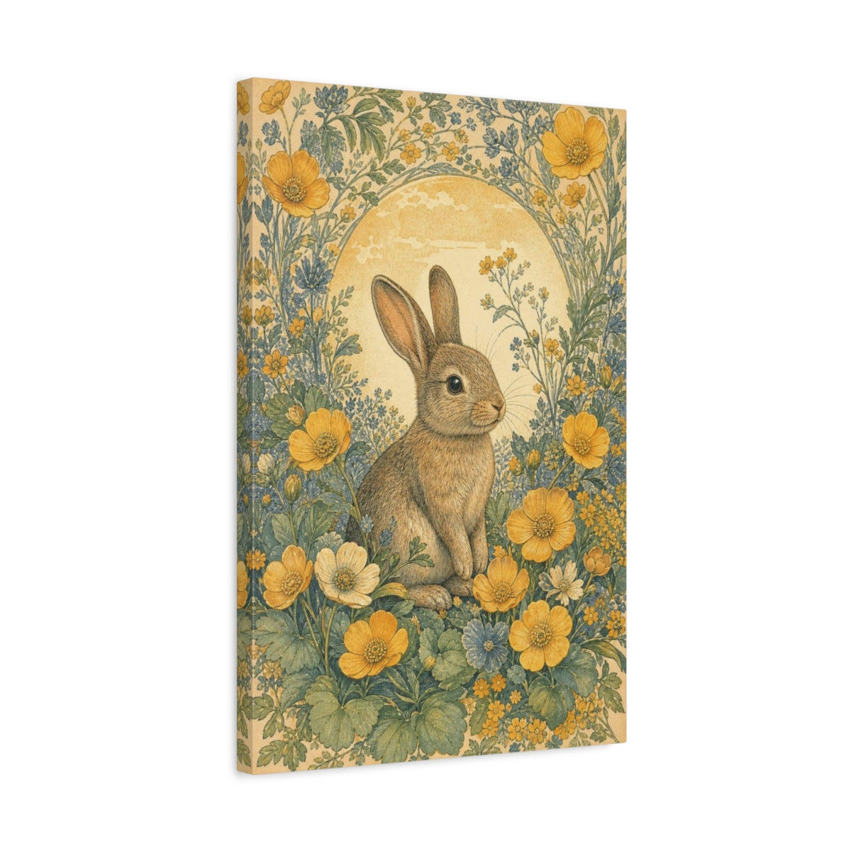 Side Mockup 3. Meadow Rabbit Among Buttercups shown as canvas print