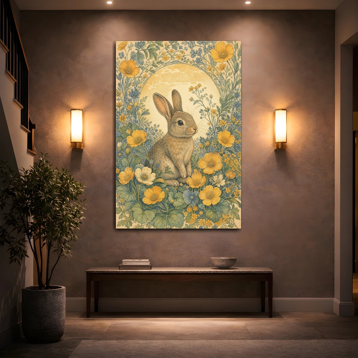 Mockup 2. Meadow Rabbit Among Buttercups shown as canvas print