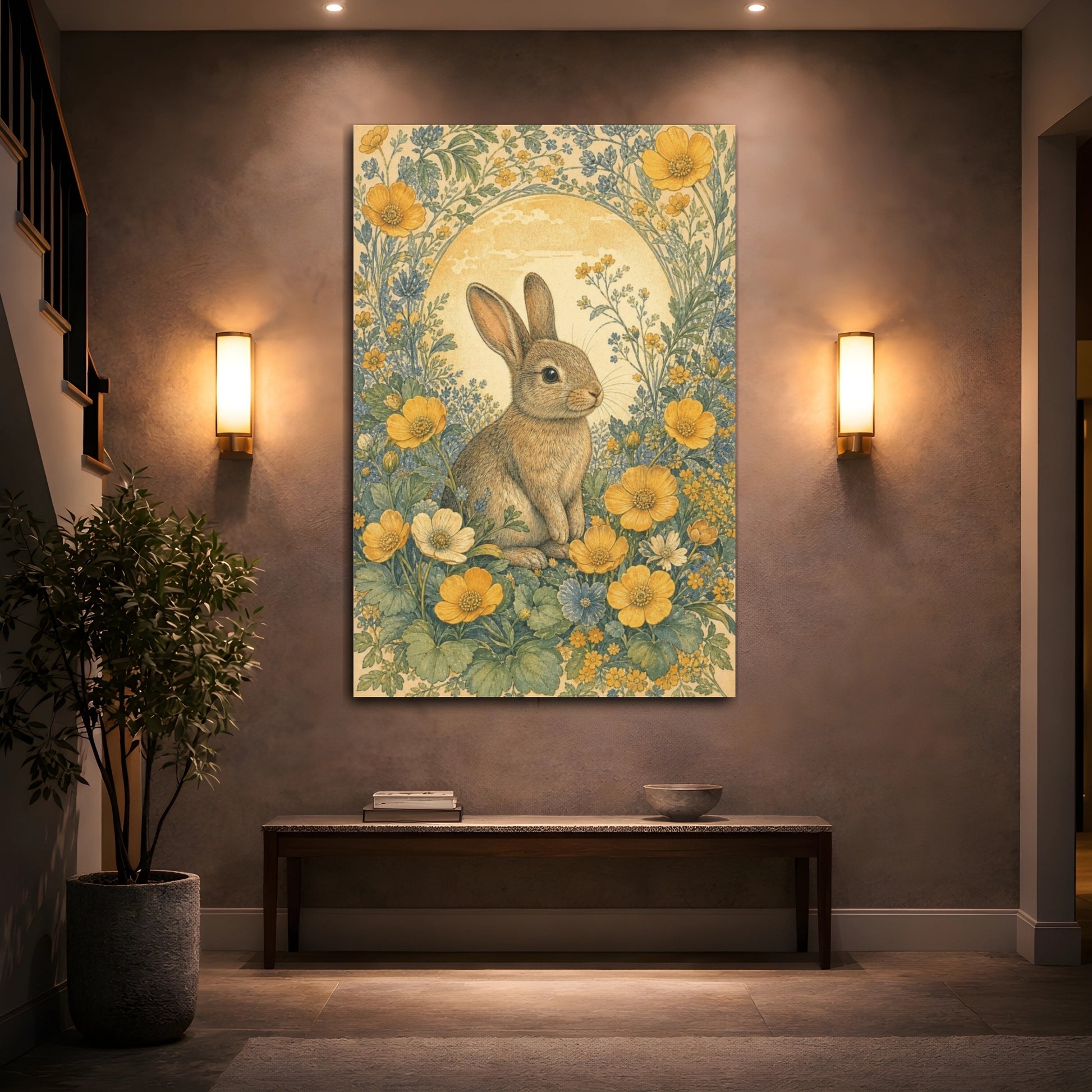 Mockup 2. Meadow Rabbit Among Buttercups shown as canvas print