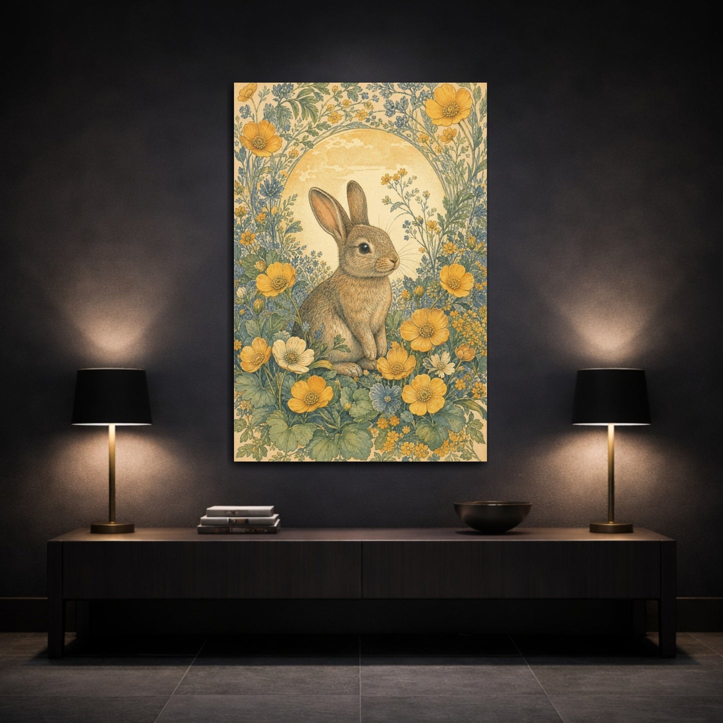 Mockup 3. Meadow Rabbit Among Buttercups shown as canvas print