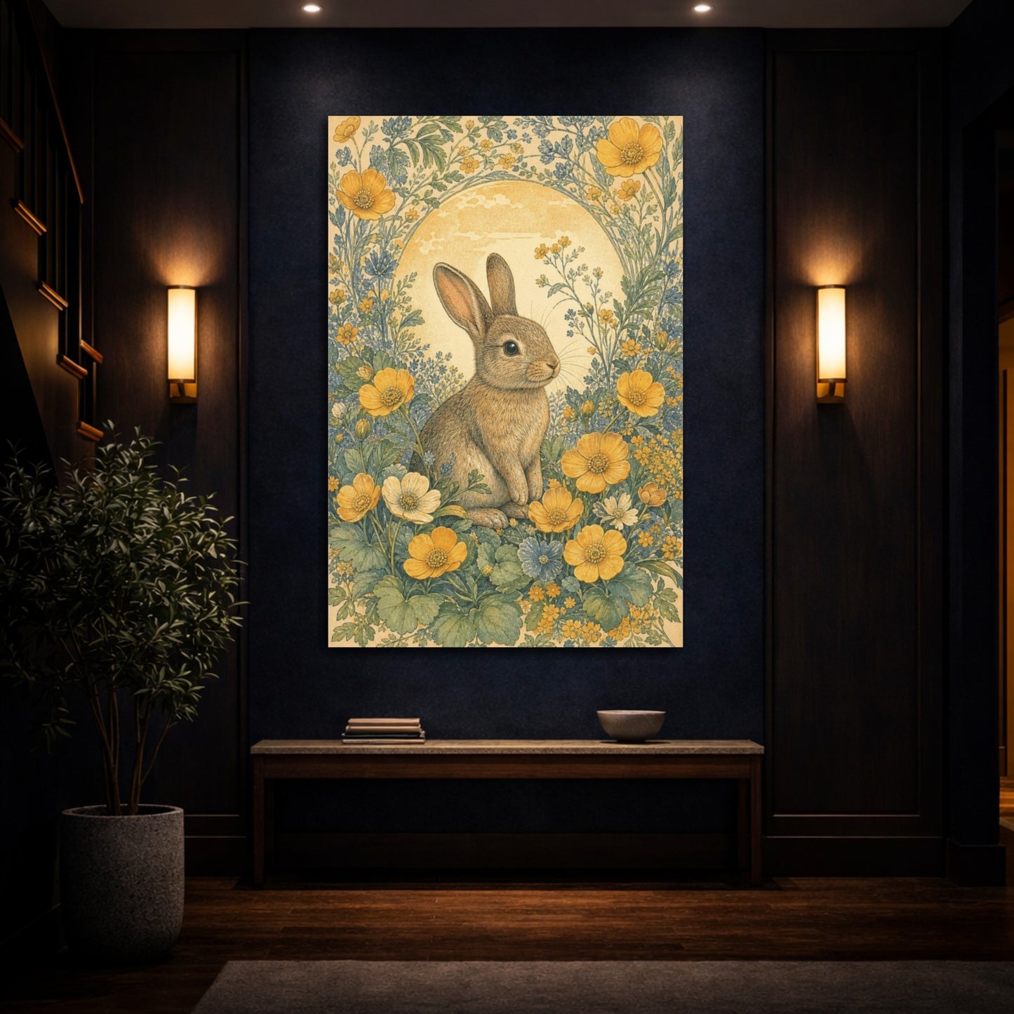 Mockup 4. Meadow Rabbit Among Buttercups shown as canvas print