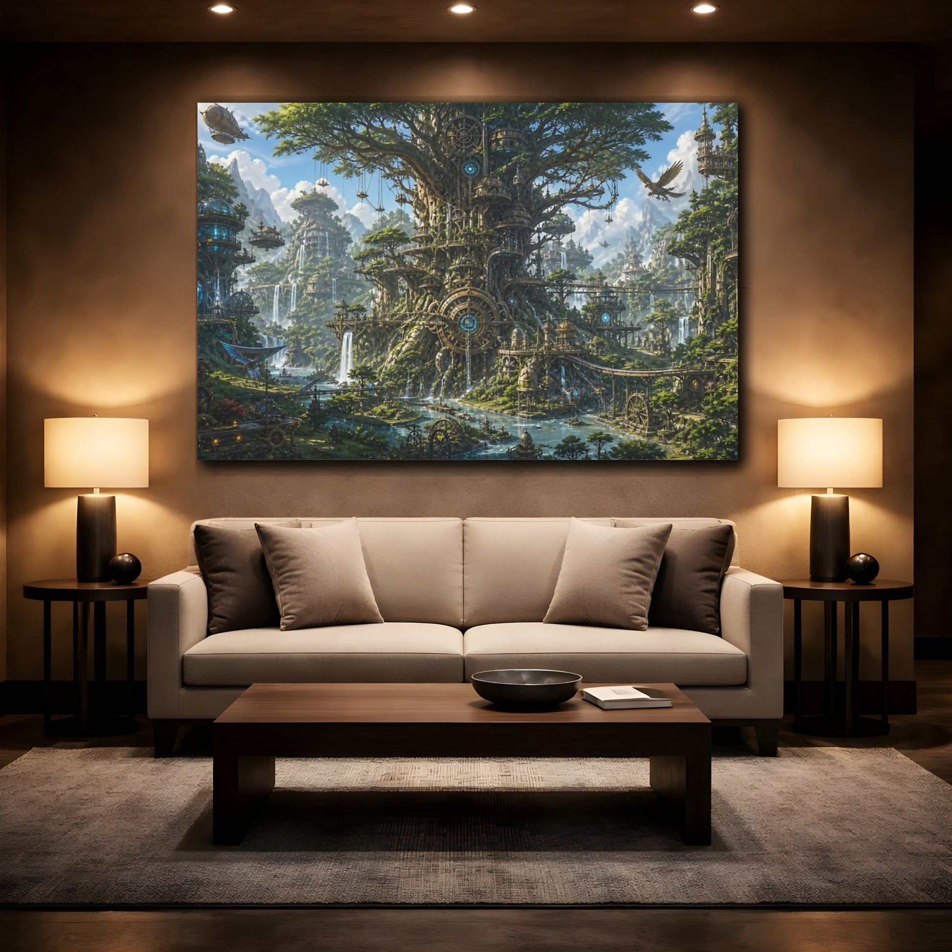 Mockup 2. Mechanical Tree City shown as canvas print