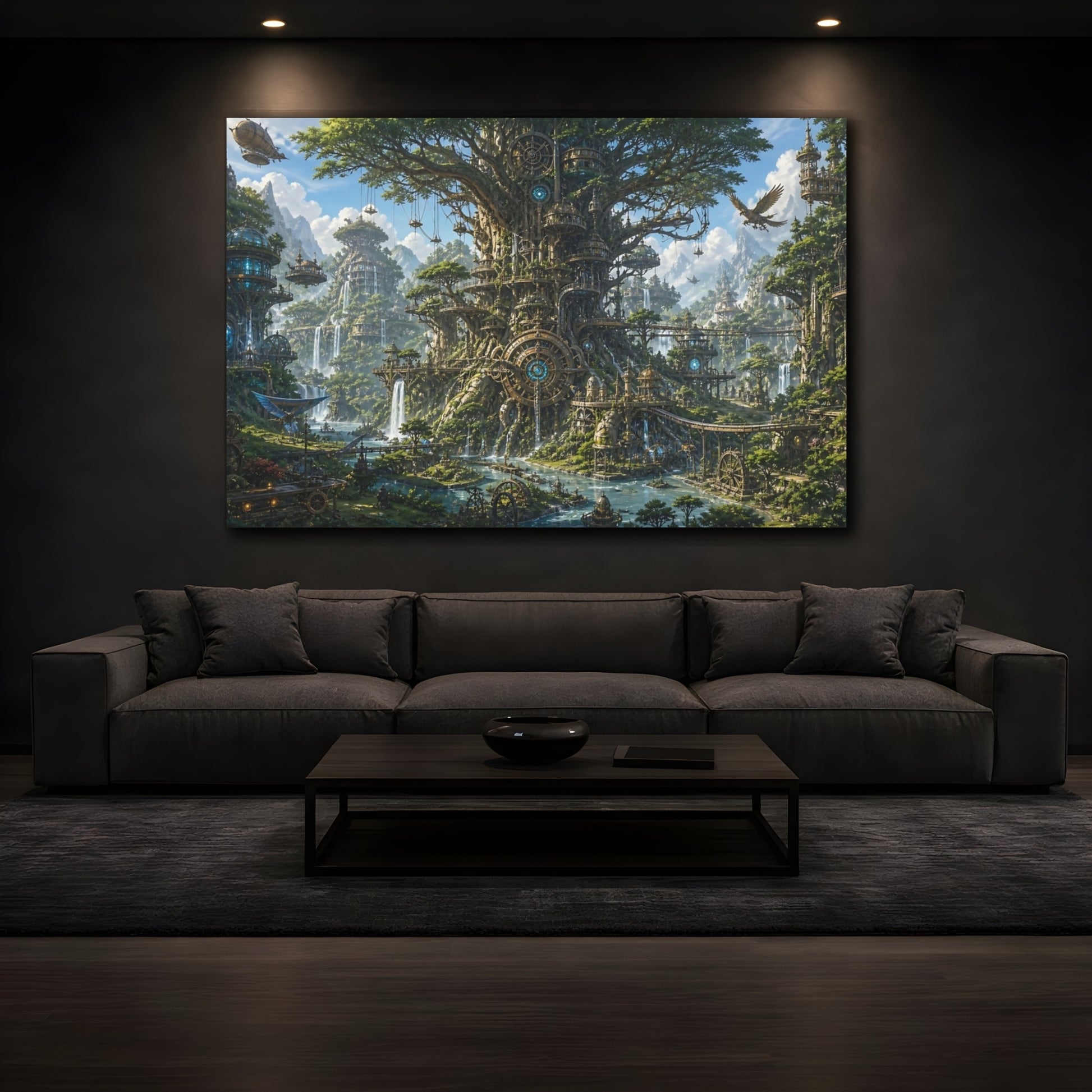 Mockup 3. Mechanical Tree City shown as canvas print
