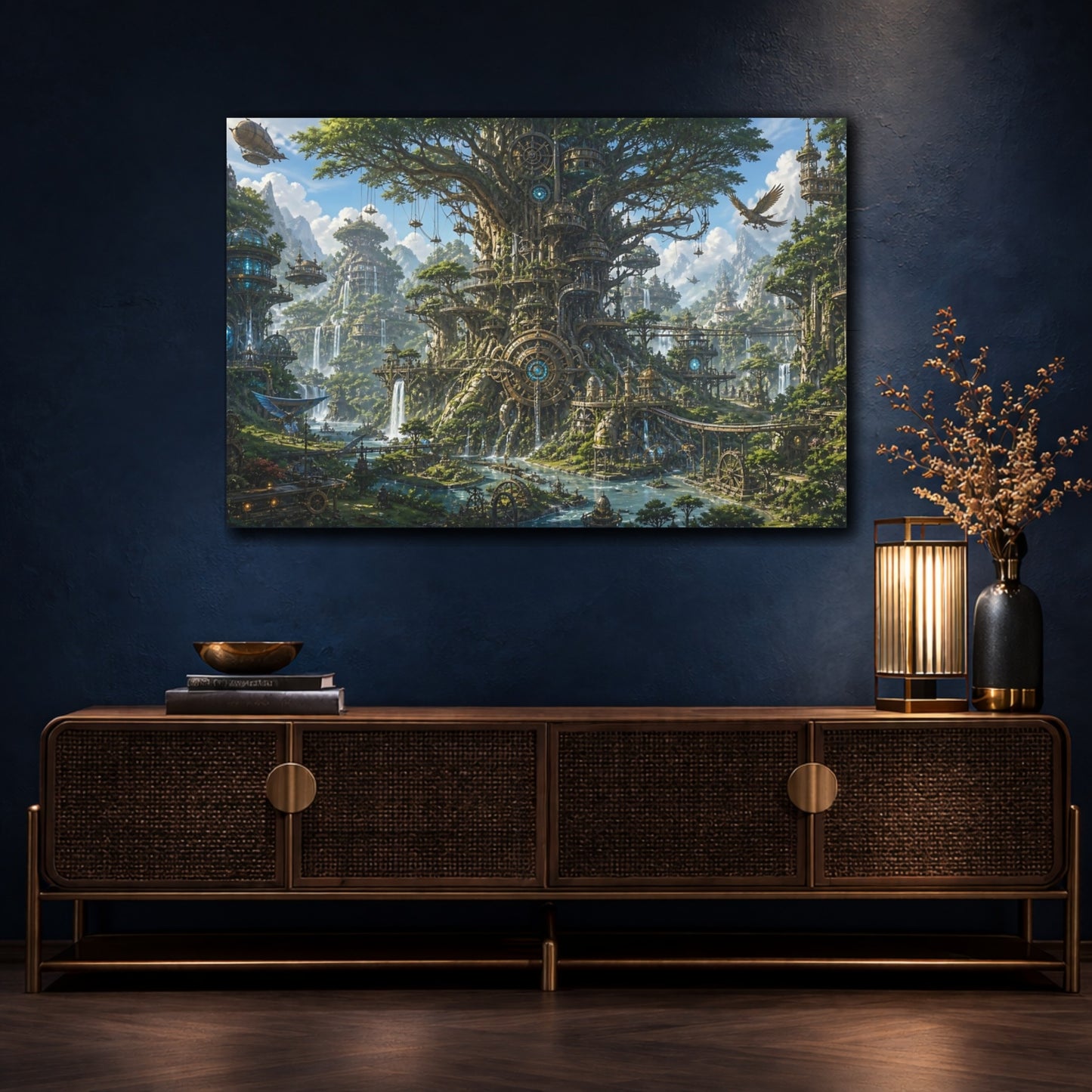 Mockup 4. Mechanical Tree City shown as canvas print
