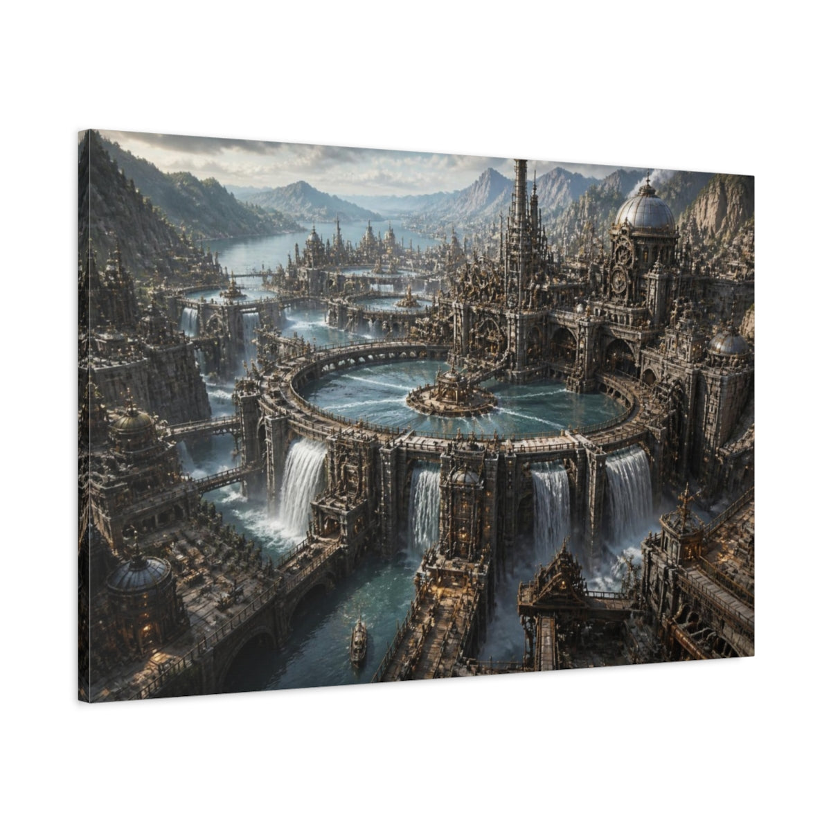 Main Mockup. Mechanical Water Citadel shown as canvas print