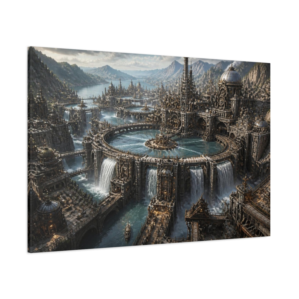 Side Mockup 1. Mechanical Water Citadel shown as canvas print