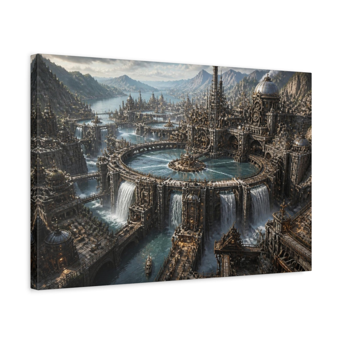 Side Mockup 3. Mechanical Water Citadel shown as canvas print